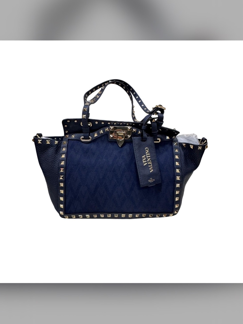 Valentino Navy Studded Tote with Gold Hardware